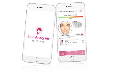 images of Mary Kay Skin Analyzer App logo and screenshot inside phone graphic