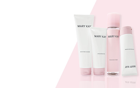 Productos Mary Kay Botanical Effects® contra un fondo rosa y blanco.