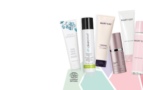 Mary Kay® skin care products from each product line set against a multicolored background